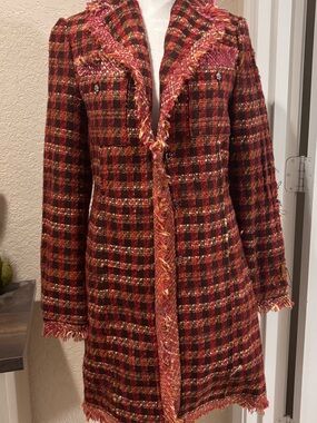 True Meaning Red Plaid Fringe Tweed Blazer Coat